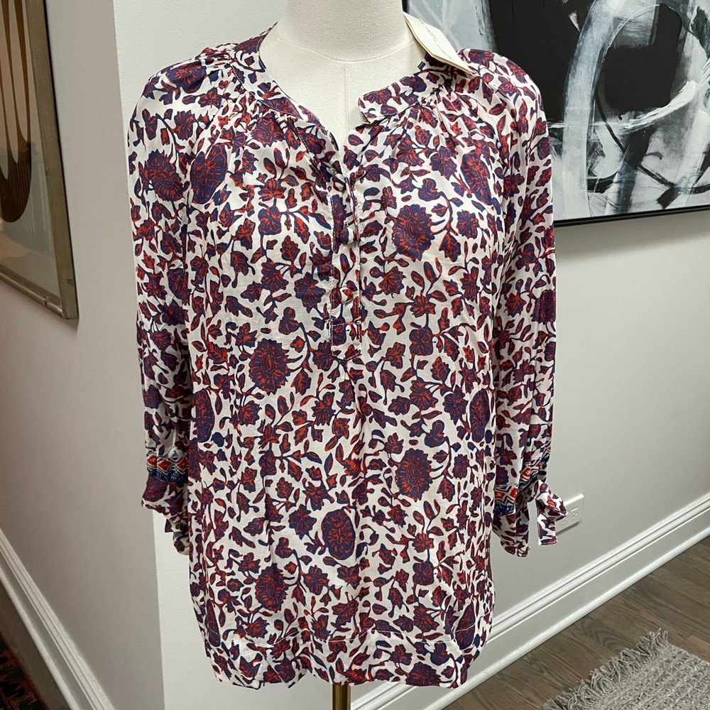 Natalie Martin Printed Blouse Top 100% Rayon With Tie Sleeves Size XS - NWT